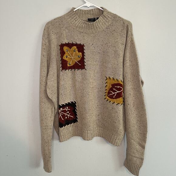 Vtg Lee Womens Silk Wool Rabbit Hair Blend Patchwork Leaves Sweater Sz L Beige - Picture 1 of 8
